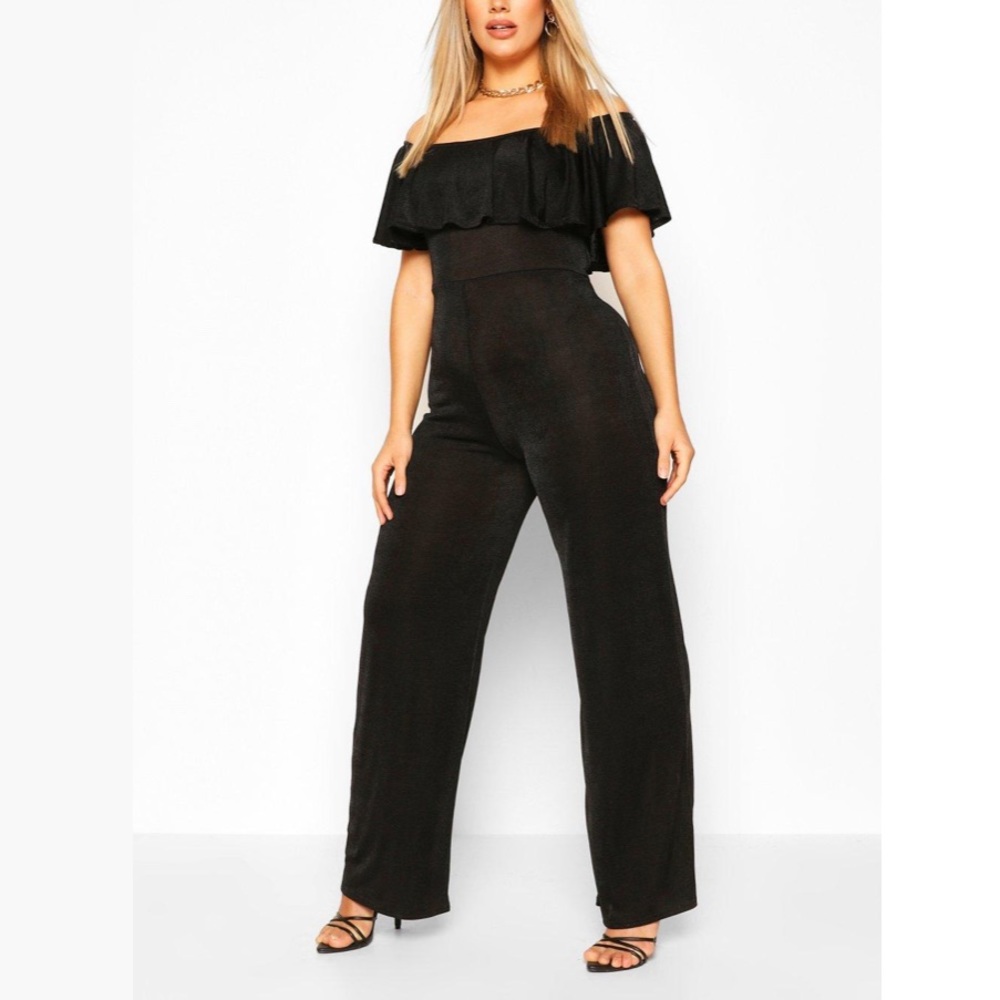 Boohoo Plus Bardot Ruffle Jumpsuit
